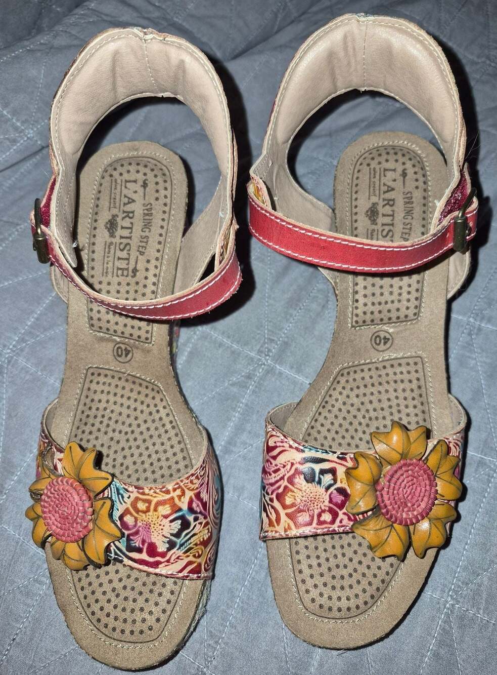 Spring Step L'Artiste Annmarie Ankle Strap Wedge Sandal Red Multi Size 40